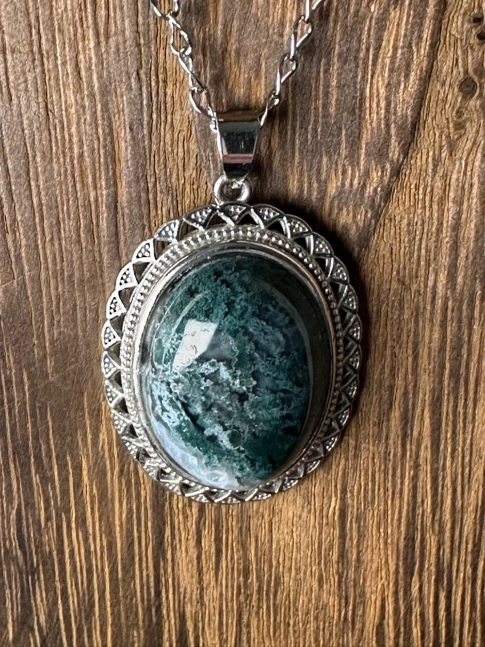 Silver-Tone Green Stone Oval Pendant Necklace - Women Jewelry - Picture 9 of 15